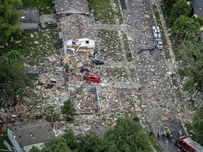 This aerial photo shows the scene of a deadly home explosion in Jeffersonville, Ind., on Sunday, May 19, 2019.