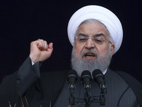 In this Monday, Feb. 11, 2019, photo, Iranian President Hassan Rouhani speaks during a ceremony celebrating the 40th anniversary of the Islamic Revolution, at the Azadi, Freedom, Square in Tehran, Iran. (AP Photo/Vahid Salemi)