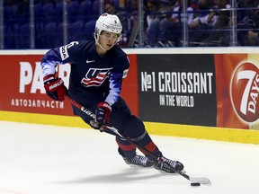 Jack Hughes of United States skates against Great Britain during the 2019 IIHF Ice Hockey World Championship Slovakia group A game between United States and Great Britain at Steel Arena on May 15, 2019 in Kosice, Slovakia.