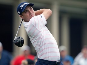 Justin Thomas tees off on the 10th hole during the first round of the Memorial golf tournament Thursday, May 30, 2019, in Dublin, Ohio.