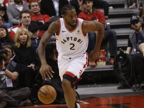 Raptors' Kawhi Leonard in NBA playoff action in Toronto on April 23, 2019.