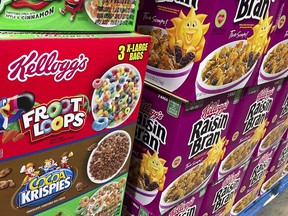 Boxes of Kellogg's cereals including Froot Loops, Cocoa Krispies and Raisin Bran are seen at a store in Arlington, Virginia, December 1, 2016. (SAUL LOEB/AFP/Getty Images)
