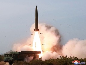 This Saturday, May 4, 2019, file photo provided by the North Korean government shows a test of weapon systems, in North Korea. North Korea on Thursday, May 9, 2019, has described its firing of rocket artillery and an apparent short-range ballistic missile over the weekend as a regular and defensive military exercise and ridiculed South Korea for criticizing the launches. Korean language watermark on image as provided by source reads: "KCNA" which is the abbreviation for Korean Central News Agency.