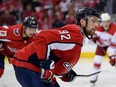 In this April 24, 2019, file photo, Washington Capitals centre Evgeny Kuznetsov, of Russia, stands on the ice during the second period of Game 7 of an NHL first-round playoff series against the Carolina Hurricanes in Washington.