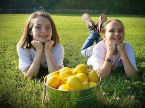 Hailey and Hannah Hager are trying to pay off their school district's cafeteria debt by selling lemonade. (Facebook photo)