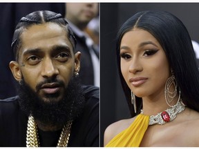 This combination of photos shows rapper Nipsey Hussle at an NBA basketball game between the Golden State Warriors and the Milwaukee Bucks in Oakland, Calif. on March 29, 2018, left, and rapper Cardi B at the Billboard Music Awards in Las Vegas on May 1, 2019.