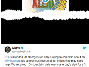 Niagara Regional Police tweeted out audio of a 9-1-1 caller complaining about Tuesday's Amber Alert to raise awareness about the importance of Amber Alerts and not calling the emergency line for a non-emergency.