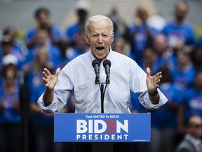In this Saturday, May 18, 2019 file photo, Democratic presidential candidate, former Vice President Joe Biden speaks during a campaign rally at Eakins Oval in Philadelphia.