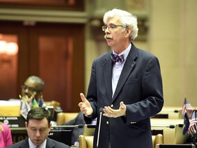Assemblyman Andy Goodell, R-Jamestown, speaks to members of the New York state Assembly against legislation that authorizes state tax officials to release, if requested, individual New York state tax returns to Congress, during a vote in the Assembly Chamber at the state Capitol Wednesday, May 22, 2019, in Albany, N.Y.