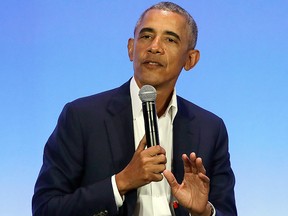 This Feb. 19, 2019, file photo shows former U.S. president Barack Obama speaking at the My Brother's Keeper Alliance Summit in Oakland, Calif.