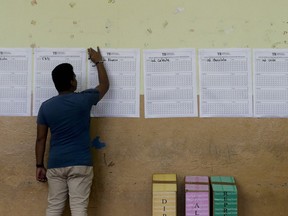 An electoral worker participates in the manual counting of ballots after polling stations closed for the general election in Panama City, Sunday, May 5, 2019.
