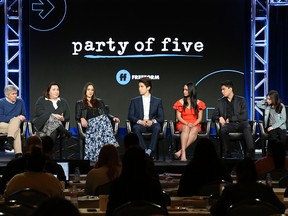 (L-R) Chris Keyser,  Amy Lippman, Michal Zebede, Brandon Larracuente, Emily Tosta, Niko Guardado and Elle Paris Legaspi of the television show 'Party of Five' speaks during the Freeform segment of the 2019 Winter Television Critics Association Press Tour at The Langham Huntington, Pasadena on Feb. 5, 2019 in Pasadena, Calif.