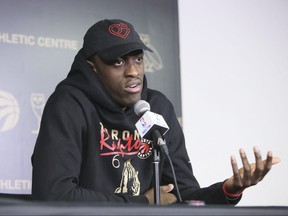 Pascal Siakam answers questions from the media after Raptors practice on Tuesday.