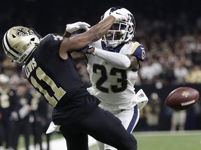 In this Jan. 20, 2019, file photo, Rams' Nickell Robey-Coleman breaks up a pass intended for Saints' Tommylee Lewis during the NFC championship game in New Orleans.