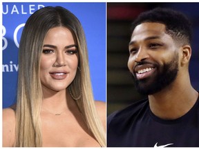 This combination file photo shows TV personality Khloe Kardashian at the NBCUniversal Network 2017 Upfront in New York on May 15, 2017, left, and Cleveland Cavaliers' Tristan Thompson during an NBA practice in Oakland, Calif., on May 30, 2018.