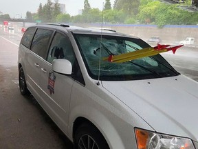 In this Thursday, May 16, 2019, photo released by El Dorado Veterans Resources Transportation/Military Family Support Group (MFSG) shows a stolen tripod from a California Department of Transportation crew, that was dropped from an overpass onto a Sacramento freeway, impaling the lung of a passenger riding on a El Dorado Veterans Resources, van in Sacramento, Calif.