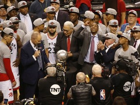 Toronto Raptors team president Masai Ujiri looks up and pumps his fist after the game in Toronto, Ont. on Saturday May 25, 2019. Jack Boland/Toronto Sun/Postmedia Network