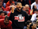 Rapper Drake reacts during Game 4 between the Milwaukee Bucks and the Toronto Raptors.