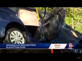 A video screengrab of a car after it was pulled out of Blackstone River in Blackstone, Mass.