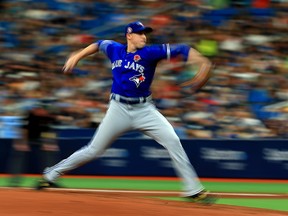 Aaron Sanchez of the Toronto Blue Jays pitches during a game against the Tampa Bay Rays at Tropicana Field on May 27, 2019 in St Petersburg, Fla.