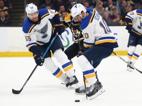 Led by Brayden Schenn’s (right) eight hits, St. Louis had a 50-31 advantage in the department of physicality during Game 2 against the Boston Bruins.