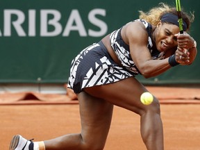 Serena Williams plays a shot against Vitalia Diatchenko during their first round French Open match at the Roland Garros stadium in Paris, Monday, May 27, 2019.