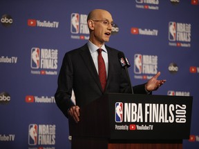 NBA commissioner Adam Silver speaks with reporters during a news conference ahead of tipoff for Game 1 of the NBA Finals last night at Scotiabank Arena in Toronto. One topic he addressed was the antics of rapper Drake. (JACK BOLAND/TORONTO SUN)
