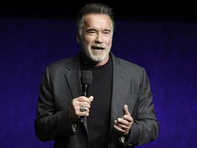 In this Thursday, April 4, 2019 file photo, Arnold Schwarzenegger, a cast member in the upcoming film "Terminator: Dark Fate," discusses the film during the Paramount Pictures presentation at CinemaCon 2019, the official convention of the National Association of Theatre Owners (NATO) at Caesars Palace, in Las Vegas. New video on Saturday, May 18, 2019 shows actor Arnold Schwarzenegger being assaulted during a public appearance in South Africa. It shows the 71-year-old standing and filming children at a sporting event in Johannesburg when a man makes a flying kick into his back.