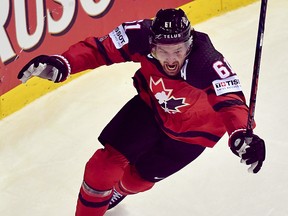 Canada's Mark Stone celebrates scoringthe winning goal during the World Championship quarterfinal against Switzerland on May 23, 2019 at the Steel Arena in Kosice, Slovakia. (JOE KLAMAR/AFP/Getty Images)