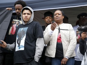 In this Friday, May 3, 2019 file photo, Vicki Lewis, mother of Isaiah Lewis, speaks to the crowd during a Black Lives Matter protest rally on the steps of the Edmond Police Department in Edmond, Okla. (Sarah Phipps/The Oklahoman via AP, File)