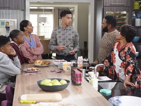 This image released by ABC shows, from left, Miles Brown, Marsai Martin, Tracee Ellis Ross, Marcus Scribner, Anthony Anderson and Jenifer Lewis in a scene from "black-ish."
