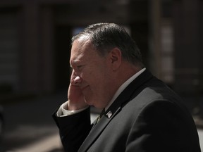 U.S. Secretary of State Mike Pompeo leaves after a meeting at the Europa building in Brussels, Monday, May 13, 2019.