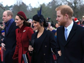 (L-R) Prince William, Duke of Cambridge, Catherine, Duchess of Cambridge, Meghan, Duchess of Sussex and Prince Harry, Duke of Sussex leave after attending Christmas Day Church service at Church of St Mary Magdalene on the Sandringham estate on Dec. 25, 2018 in King's Lynn, England.