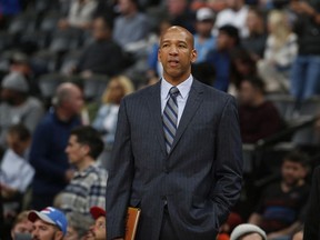 In this Jan. 19, 2016 file photo, then-Oklahoma City Thunder assistant coach Monty Williams watches during the second half of an NBA basketball game in Denver. The Phoenix Suns announced Friday, May 3, 2019, they have hired Williams as their new coach, replacing Igor Kokoskov, who was fired last week after one disappointing season.