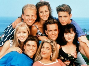 Clockwise from top left: Ian Ziering, Gabrielle Carteris, Jason Priestley, Shannen Doherty, Luke Perry, Tori Spelling, Brian Austin Green and Jennie Garth star in Beverly Hills, 90210. (Paramount Television photo)