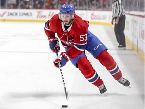 Canadiens defenceman Victor Mete carries the puck during third period of NHL game against the New York Islanders at the Bell Centre in Montreal on March 21, 2019.