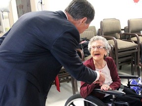 Nipissing-Timiskaming MP Anthony Rota met last year with Cassellholme resident  Ellen 'Dolly' Gibb, who, at the age of 113, was Canada's oldest living person. Gibb turned 114 this year. She died Wednesday.