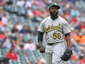 Relief pitcher Fernando Rodney of the Oakland Athletics leaves the game after giving up a two run home run during the eighth inning against the Cleveland Indians at Progressive Field on May 22, 2019 in Cleveland, Ohio.