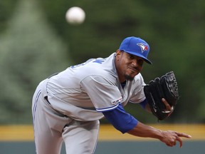 Blue Jays’ Edwin Jackson throws in the first inning against the Rockies in Denver Friday, May 31, 2019.