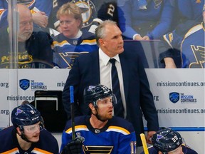 Head coach Craig Berube of the St. Louis Blues looks on against the Boston Bruins during the first period in Game 3.
