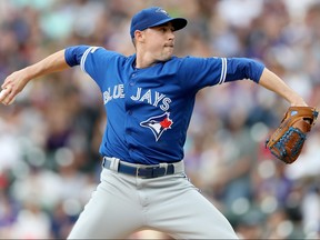 Starting pitcher Aaron Sanchez of the Toronto Blue Jays throws in the third inning against the Colorado Rockies at Coors Field on June 2, 2019 in Denver. (Matthew Stockman/Getty Images)