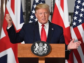 U.S. President Donald Trump attends a joint press conference with Prime Minister Theresa May at the Foreign & Commonwealth Office during the second day of his State Visit on June 4, 2019 in London, England.