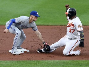 Cavan Biggio of the Toronto Blue Jays tags out Hanser Alberto of the Baltimore Orioles at second base in the second inning at Oriole Park at Camden Yards on June 12, 2019 in Baltimore, Maryland.