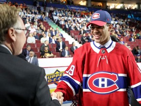 Jayden Struble reacts after being selected 46th overall by the Montreal Canadiens during the 2019 NHL Draft at Rogers Arena on Saturay, June 22, 2019, in Vancouver.