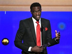 Raptors' Pascal Siakam accepts the Kia NBA Most Improved Player Award onstage during the 2019 NBA Awards presented by Kia at Barker Hangar on June 24, 2019 in Santa Monica, California. (Photo by Kevin Winter/Getty Images for Turner Sports)