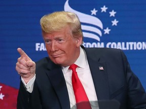 U.S. President Donald Trump gestures to the audience after speaking at the Faith & Freedom Coalition 2019 Road To Majority Policy Conference at the Marriott Wardman Park Hotel, on June 26, 2019 in Washington, DC.