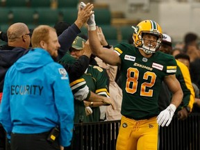 Edmonton Eskimos' Greg Ellingson celebrates a touchdown on the BC Lions during a CFL football game at Commonwealth Stadium in Edmonton, on Friday, June 21, 2019.