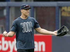 Aaron Judge of the New York Yankees works out on the field prior to a game against the Boston Red Sox at Yankee Stadium on May 30, 2019 in New York. (Jim McIsaac/Getty Images)