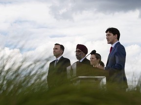 Canadian Prime Minister Justin Trudeau holds a press conference on the roof of the Canadian embassy in Washington, DC, on June 20, 2019