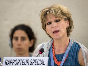United Nations (UN) special rapporteur on extrajudicial, summary or arbitrary executions Agnes Callamard delivers her report of the killing of Saudi journalist Jamal Khashoggi during the United Nations Human Rights Council in Geneva on June 26, 2019.